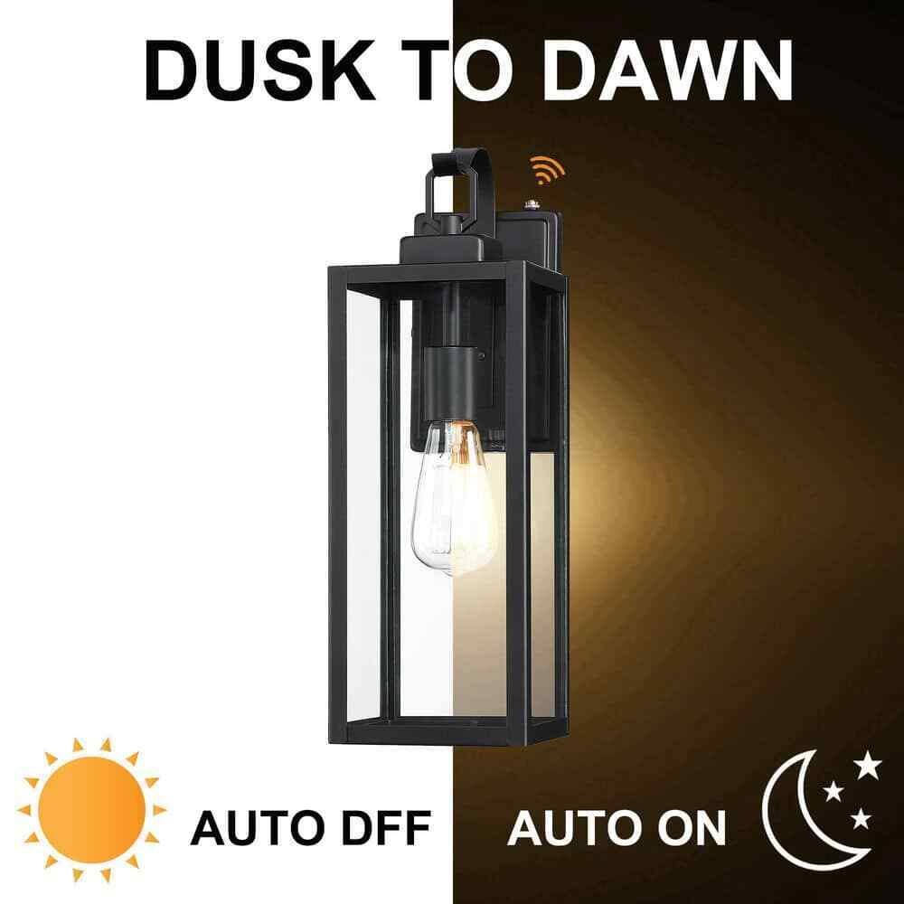 Pia Ricco Matte Black Dusk to Dawn Hardwired Outdoor Lantern Wall Sconce