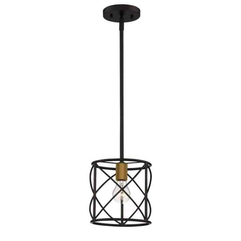 Hampton Bay Hastings Light Matte Black and Old Satin Brass Pendant w/ Cage Shade
