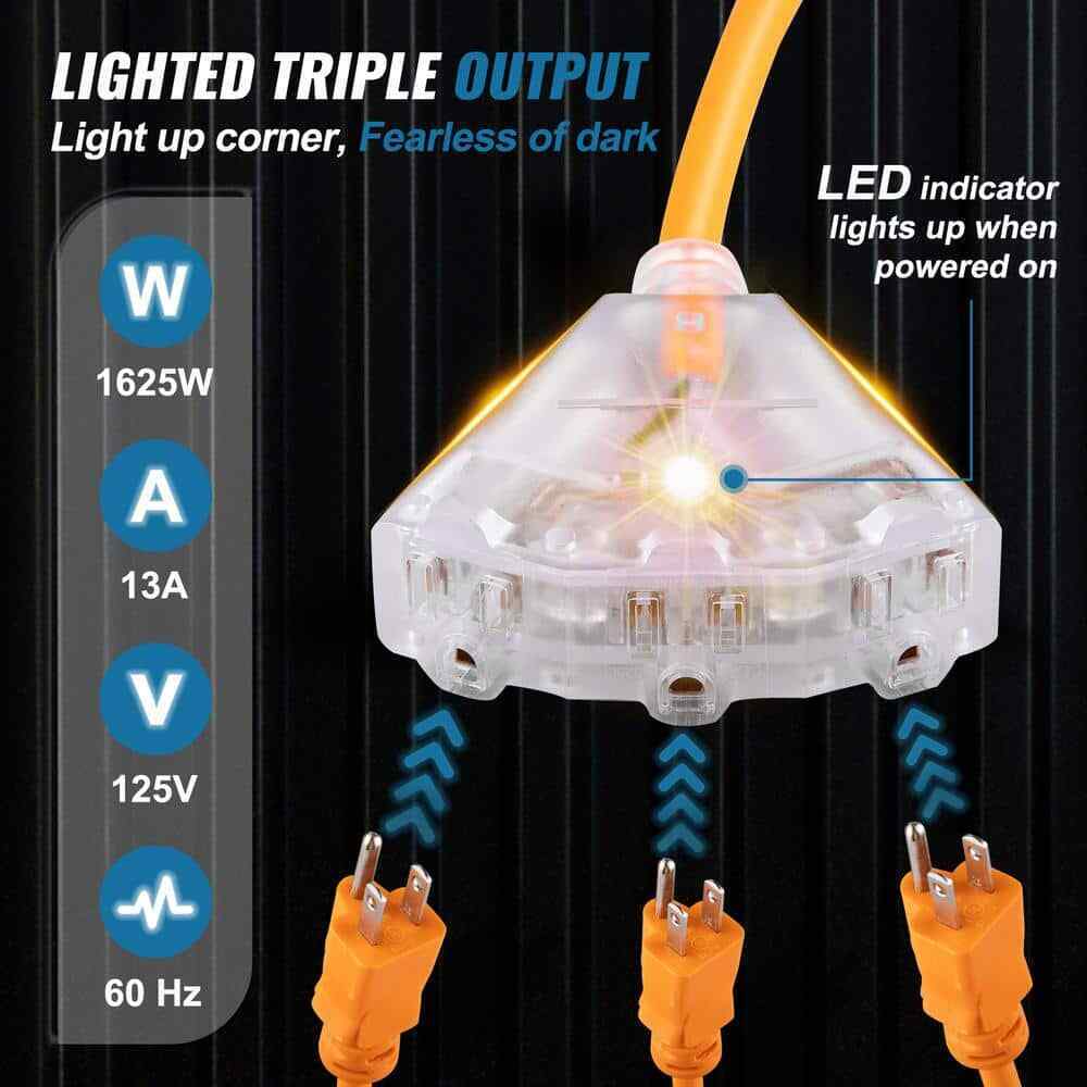 VEVOR 50 ft. 13 Amp Extension Cord Reel w/ Lighted Triple Outlet Circuit Breaker