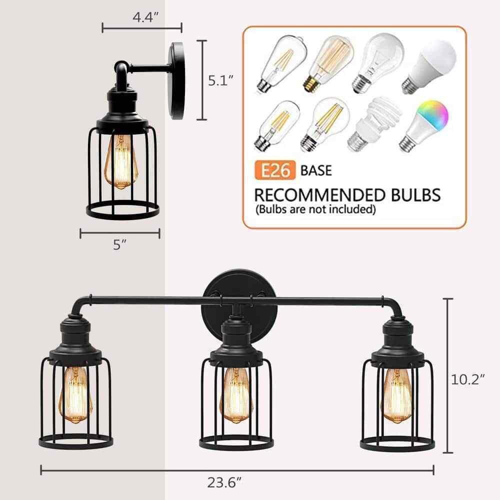 Cedar Hill 24 in. 3-Light Black Industrial Vanity with Metal Cage Wall Sconce