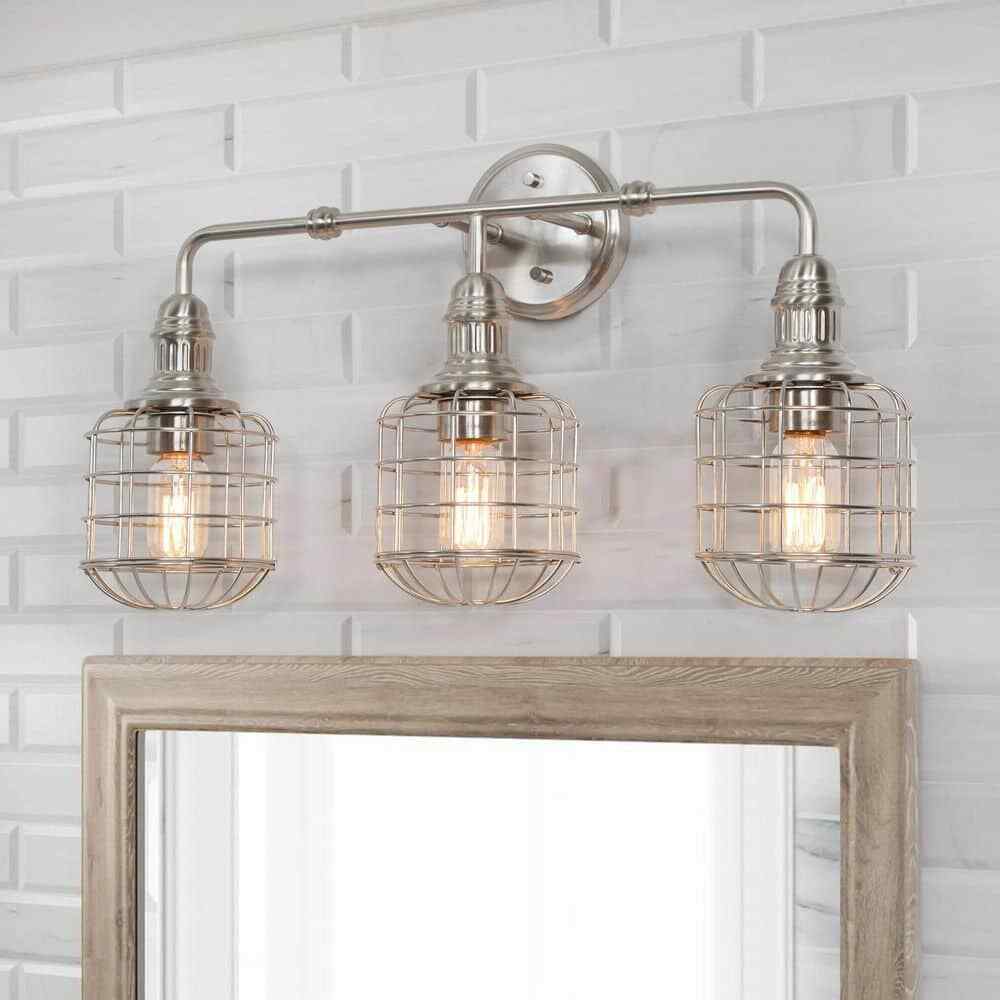 LNC 3-Light Nickel Modern Industrial Cage Silver Linear Wall Sconce Vanity Light