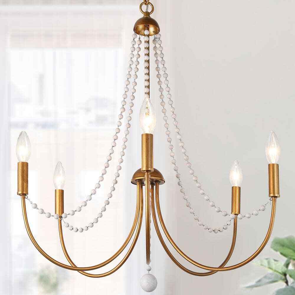 Uolfin Modern Dining Room 5-Light Brushed Gold Candlestick Chandelier