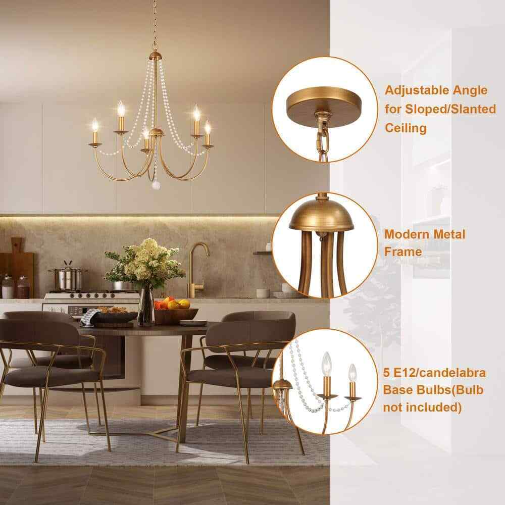 Uolfin Modern Dining Room 5-Light Brushed Gold Candlestick Chandelier