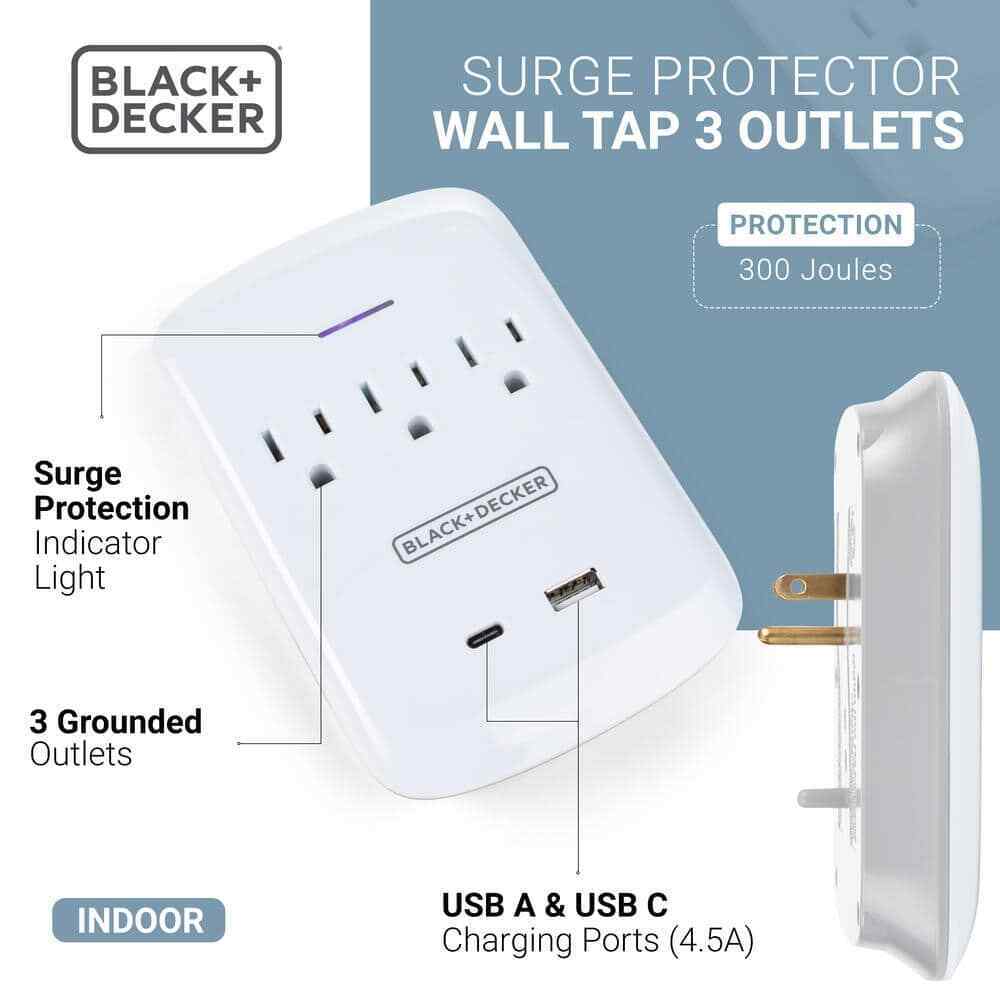 BLACK+DECKER 3 Grounded Outlets Surge Protector Wall Mount USB C Charging Port