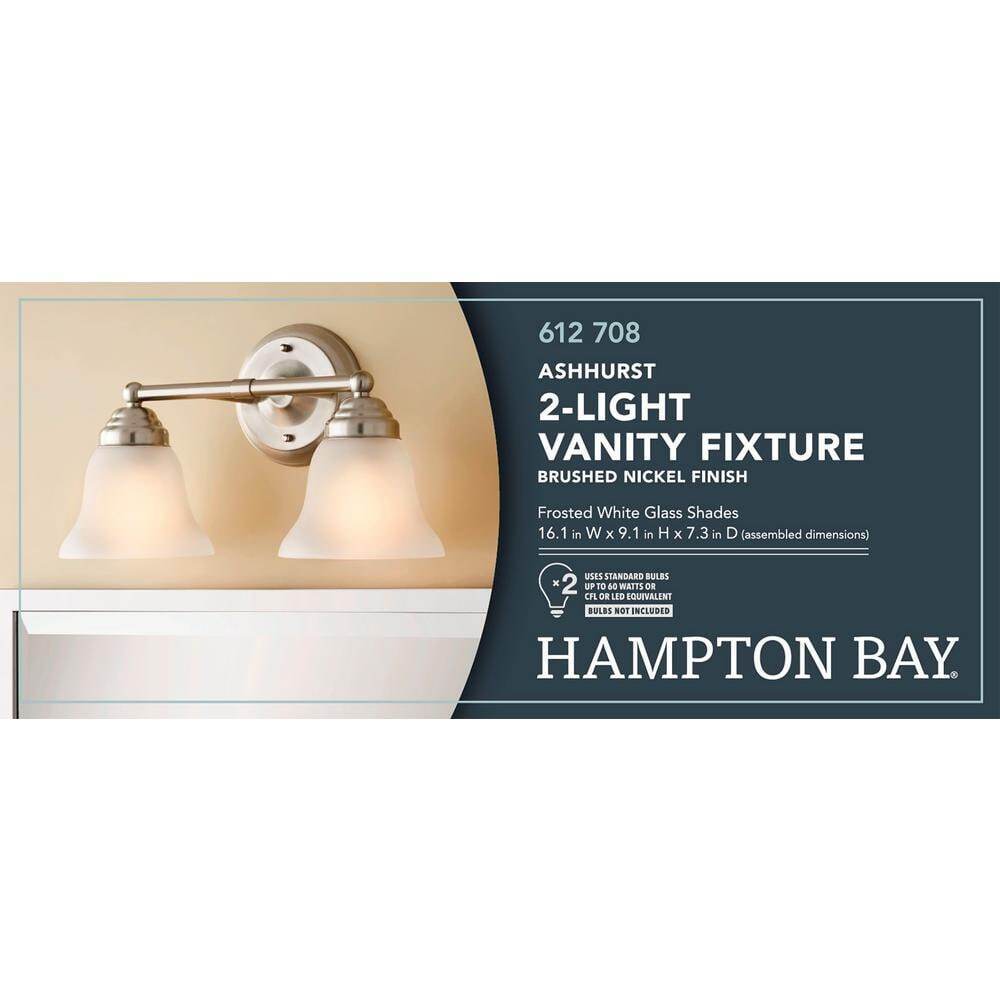 Hampton Bay Ashhurst 2-Light Brushed Nickel Vanity Light w/ Frosted Glass Shades