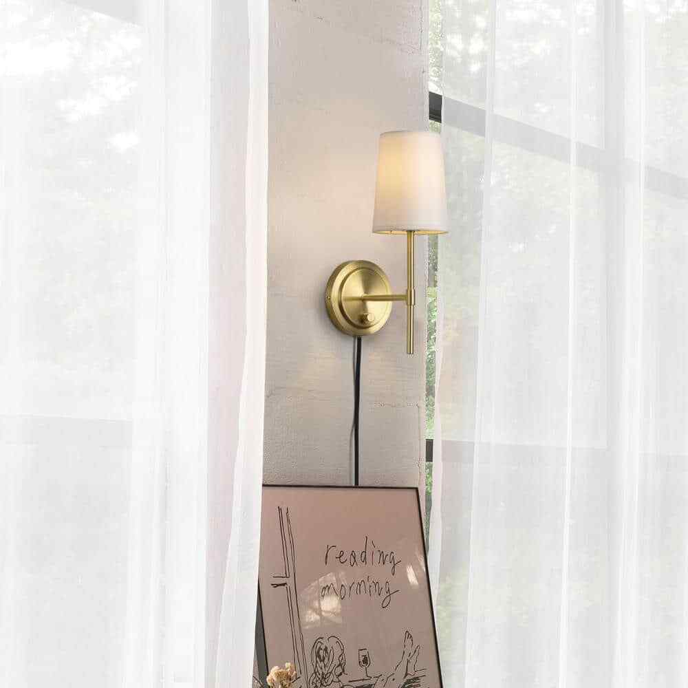 Hampton Bay Ridgeway 1-Light Brass Wall Sconce Plug-in or Hardwire Dimmable
