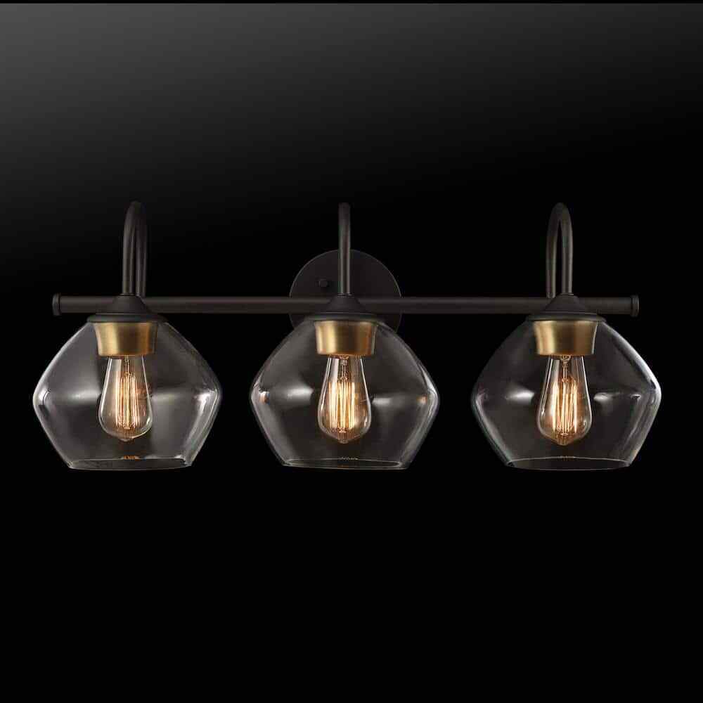 Globe Harrow 26.3 in. 3-Light Dark Bronze Vanity w/Brass Accents and Clear Glass