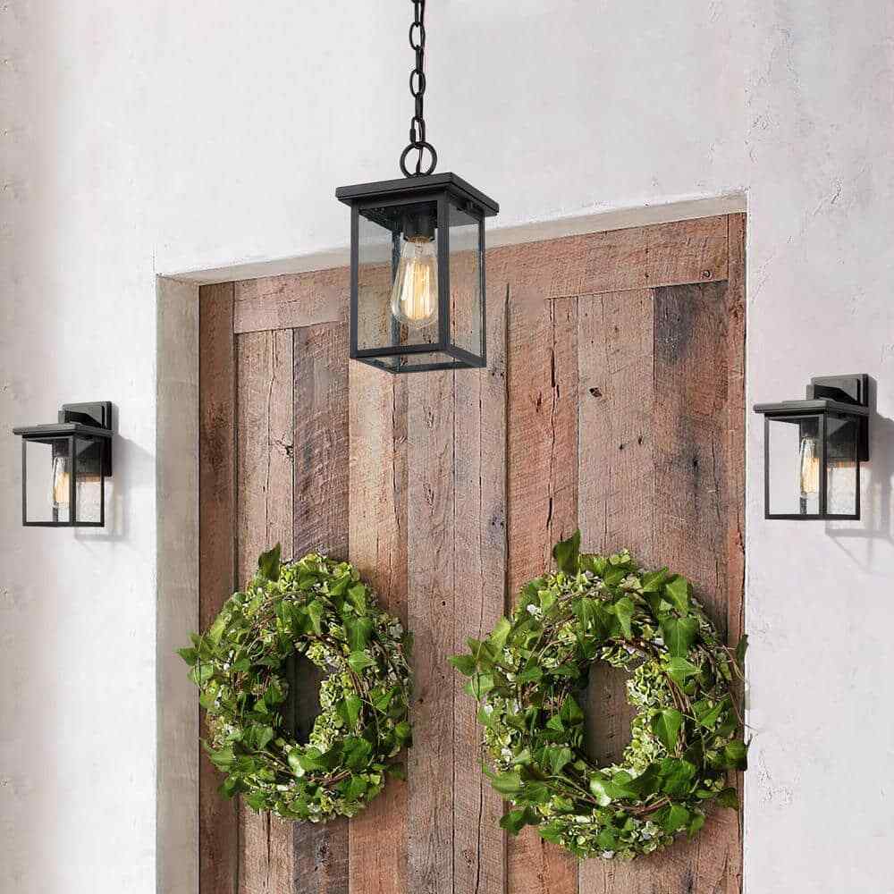 LNC Matte Black Modern Outdoor Wall Lantern Sconce with Clear Seeded Glass Shade