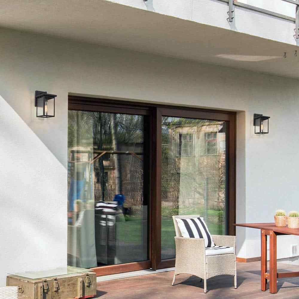 LNC Matte Black Modern Outdoor Wall Lantern Sconce with Clear Seeded Glass Shade