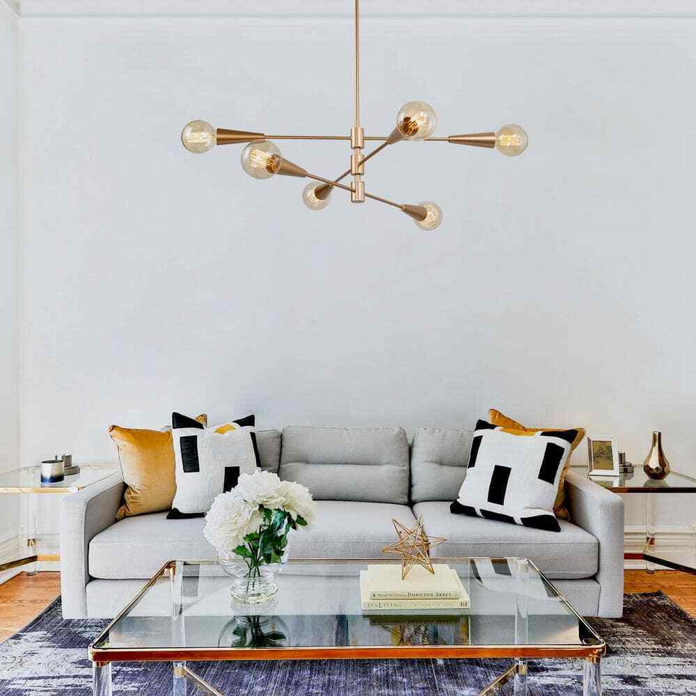 Uolfin Modern Sputnik Dule 6-Light Brass Gold Linear Chandelier