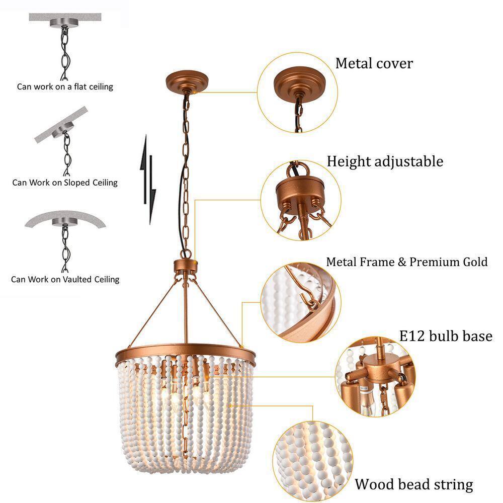 OUKANING 4-Light Gold Retro Farmhouse Beaded Pendant Light with Wood Bead Shade