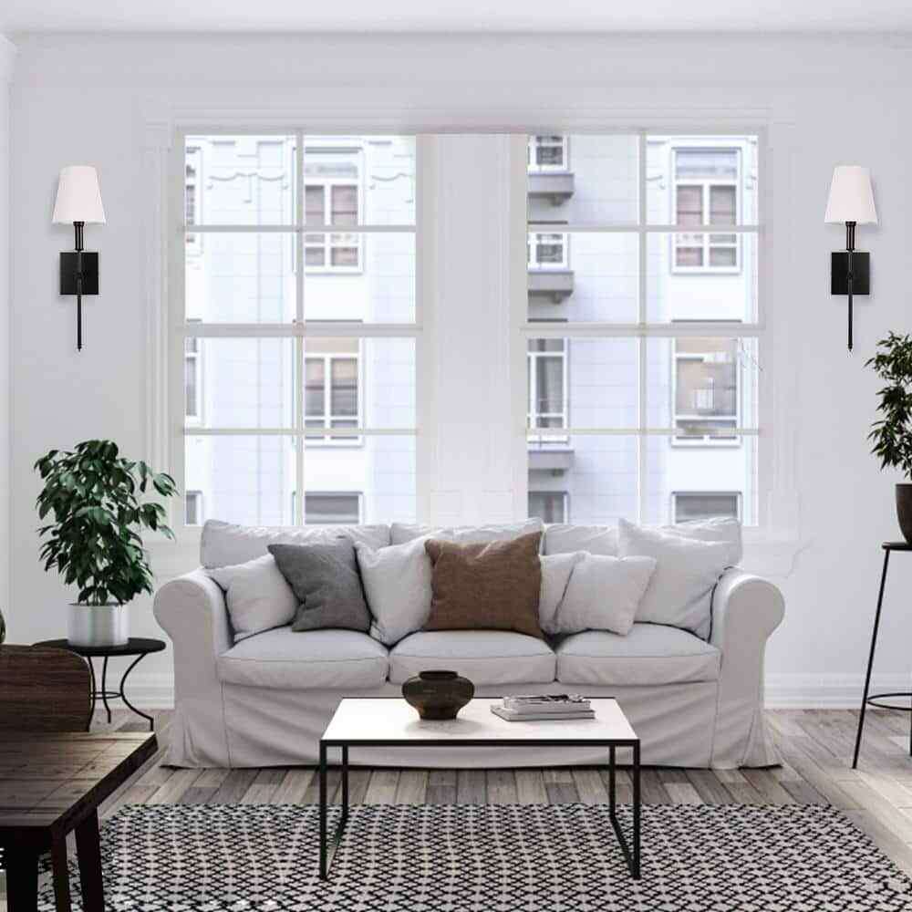LamQee 1-Light Matte Black Wall Sconce with White Fabric Shade 2-Pack