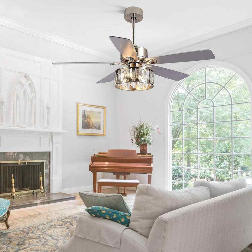 Breezary Sergio 52 in. Indoor Crystal Satin Nickel Ceiling Fan w/ Remote + Light