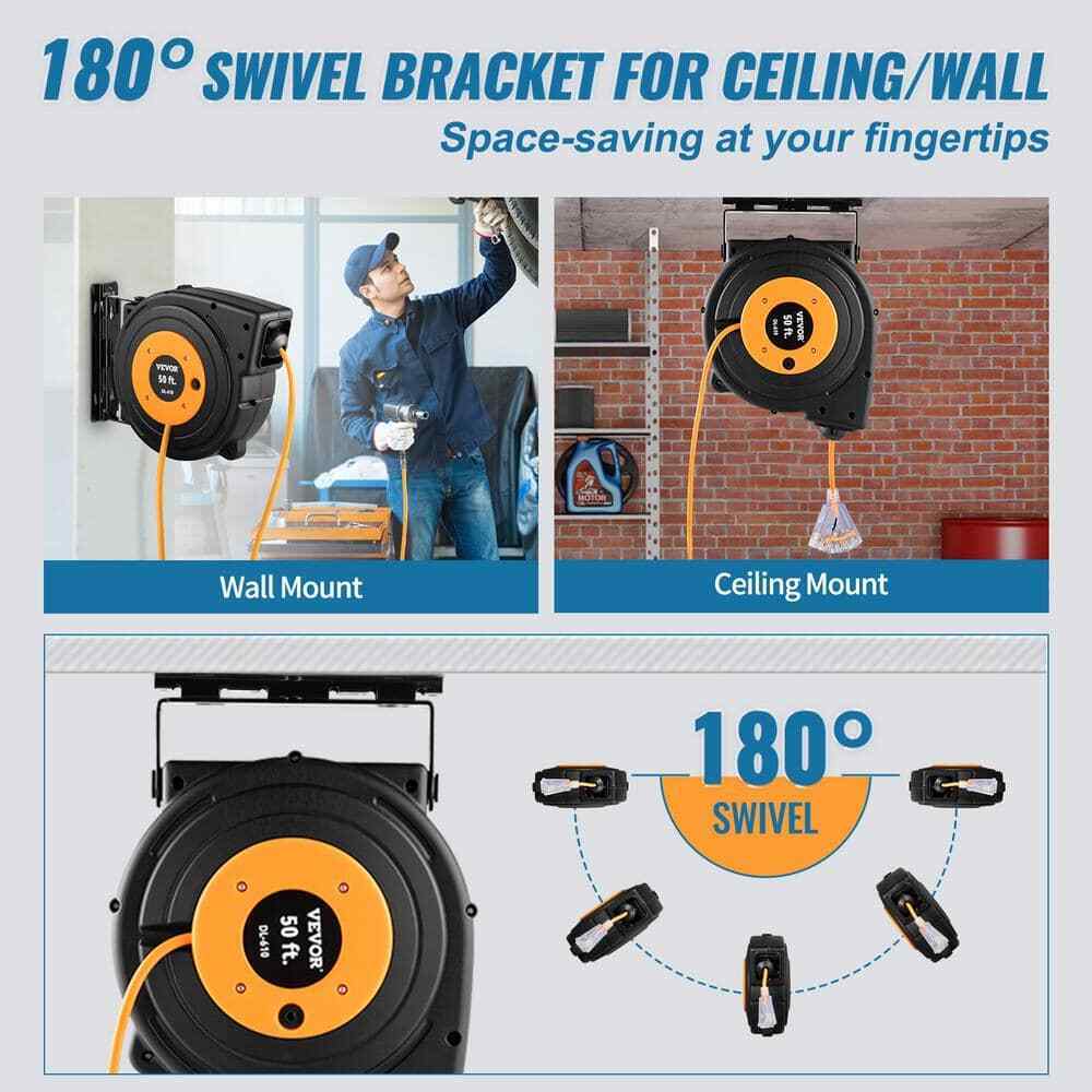 VEVOR 50 ft. 13 Amp Extension Cord Reel w/ Lighted Triple Outlet Circuit Breaker