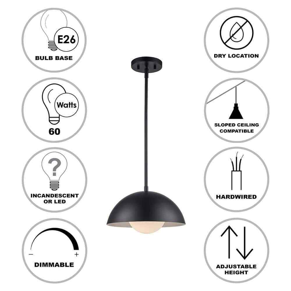 Bel Air Lighting Maureen 12". 1-Light Black Pendant Light Fixture w/ Metal Dome