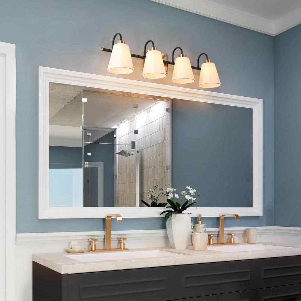 LNC Modern Classic 28 in. W 4-Light Plated Brass and Black tLinear Vanity Light