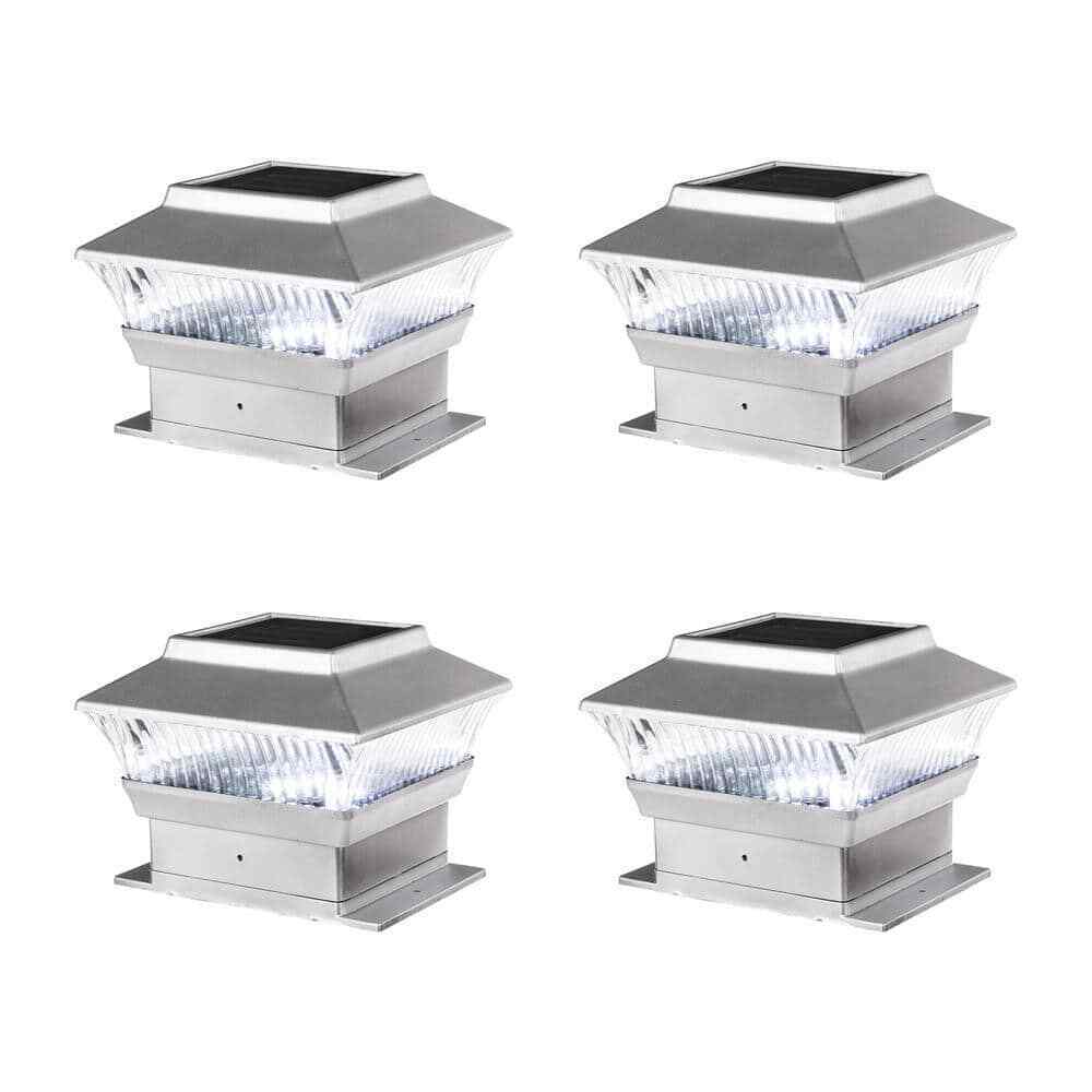 Glitzhome 5.75 in. L Solar Silver Powered LED Fence Deck Post Cap Light 4 pk