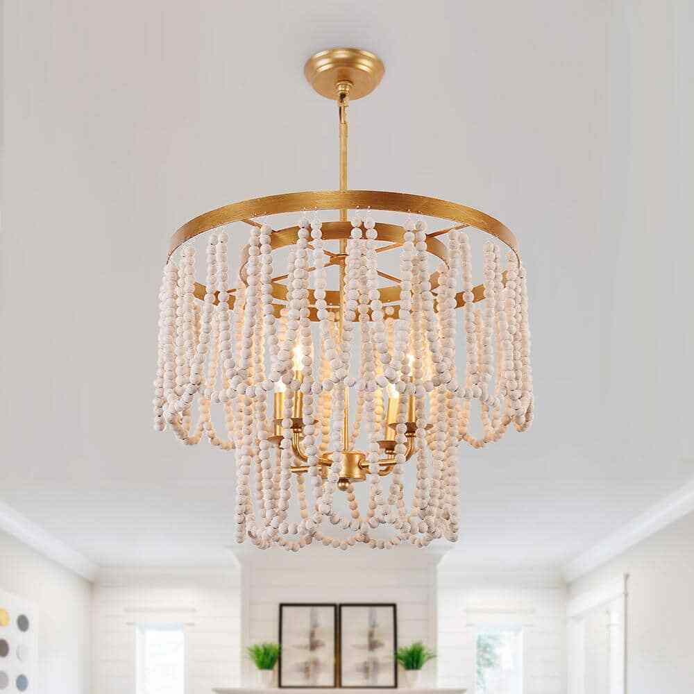 Oaks Aura Champlain Farmhouse 4-Light Golden Finish Bohemia Wood Chandelier
