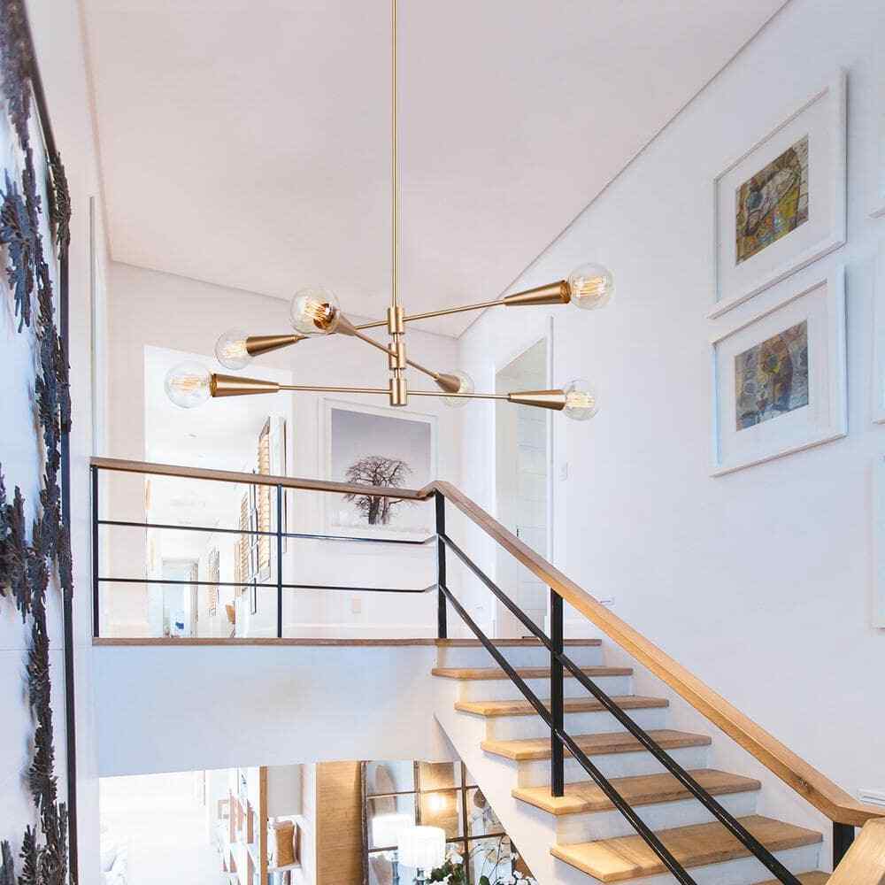Uolfin Modern Sputnik Dule 6-Light Brass Gold Linear Chandelier