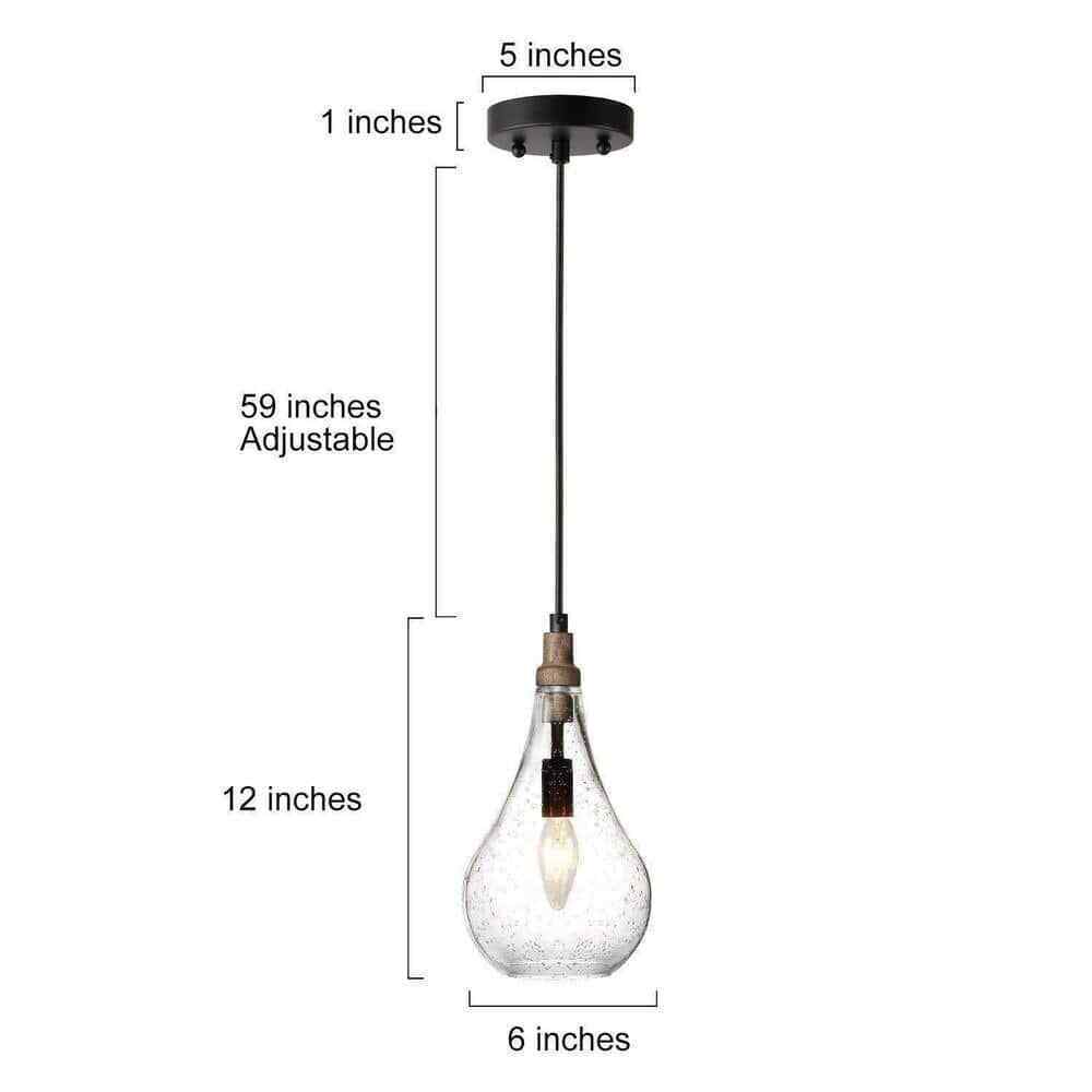 Uolfin Maya 1-Light Black Pendant Hanging Light with Seeded Teardrop Glass Shade