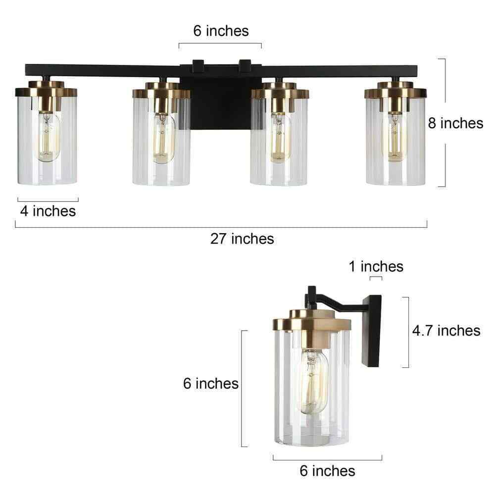 Zevni Black Vanity Light for Bathroom Modern Gold Wall Light Clear Glass Shades