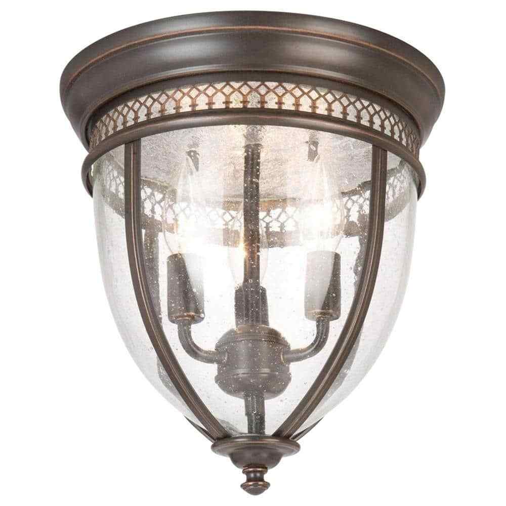 SUPERHUNTER 11 in. Oil-Rubbed Bronze Flush Mount Fixture w/ Seeded Glass Shade