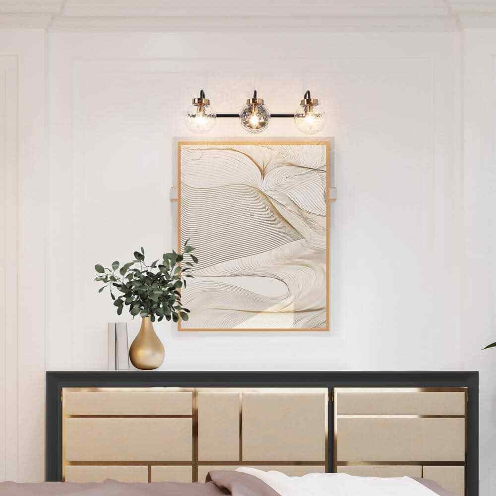 LNC Modern 3-Light Black Vanity Light Brass Wall Light w/ Raspberry Glass Shade