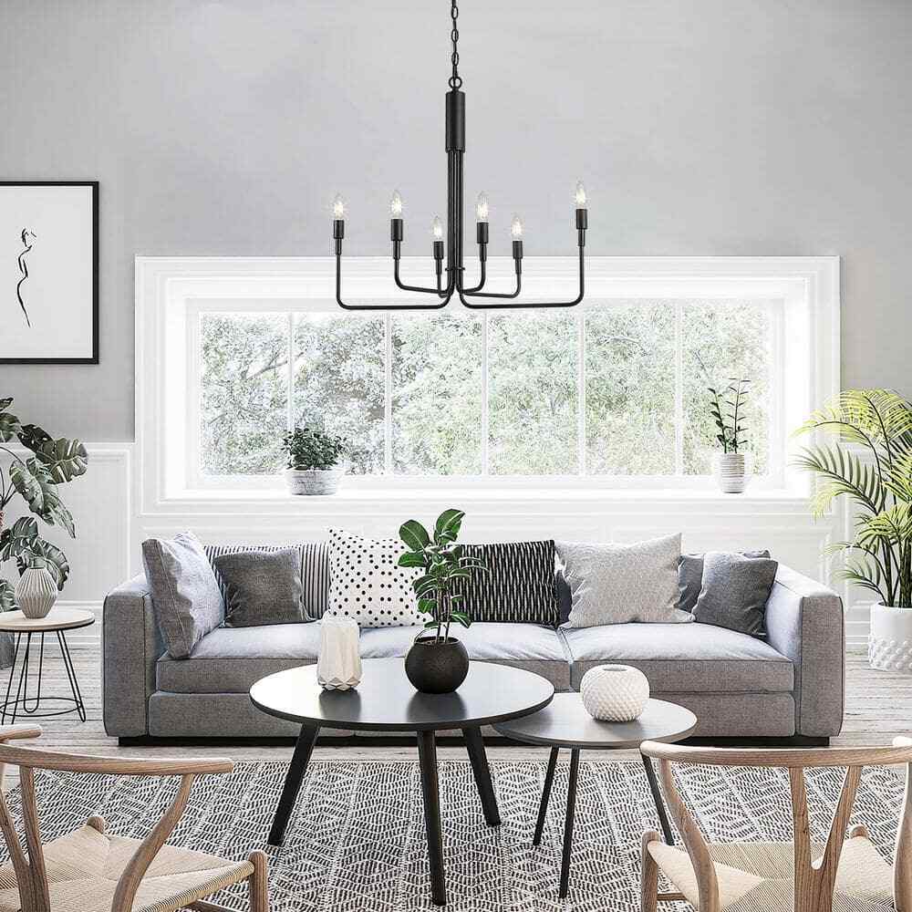 LALUZ Modern Black Candlestick Oblong Farmhouse Irregular Pendant, 6 Light