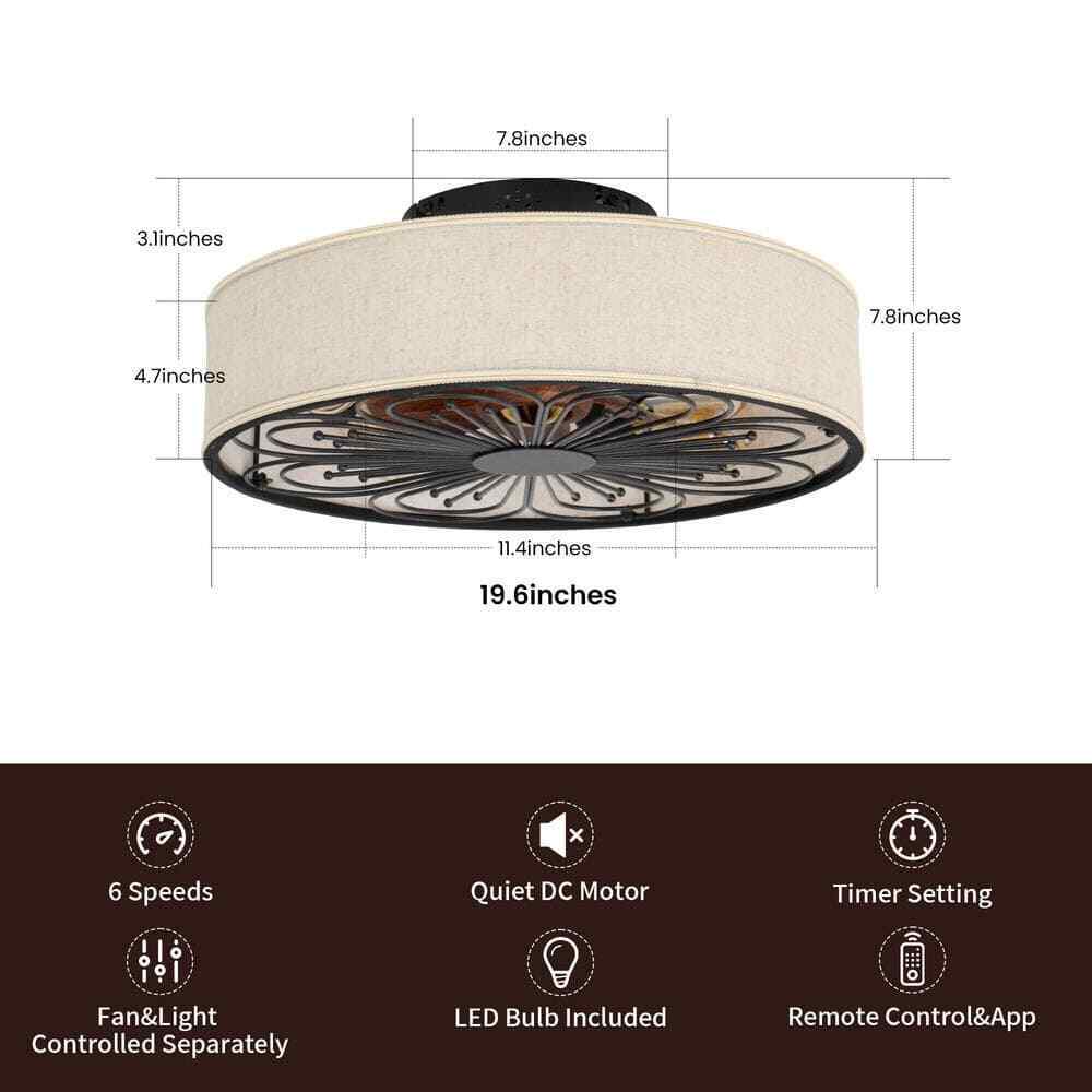 TOZING Indoor Bronze Fabric Farmhouse Flush Ceiling Fan w/ Light Kit and Remote