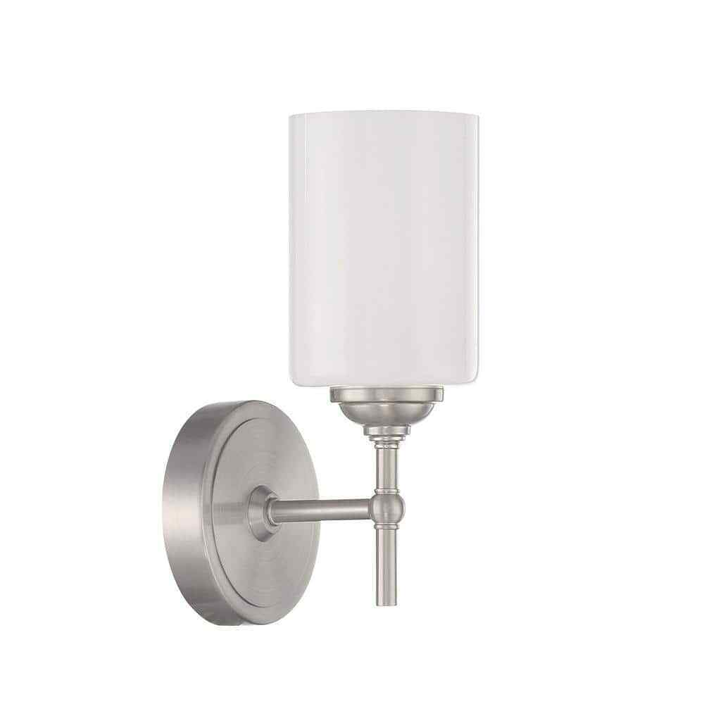 Home Decorators Ayelen 1-Light Brushed Nickel Opal White Glass Wall Sconce