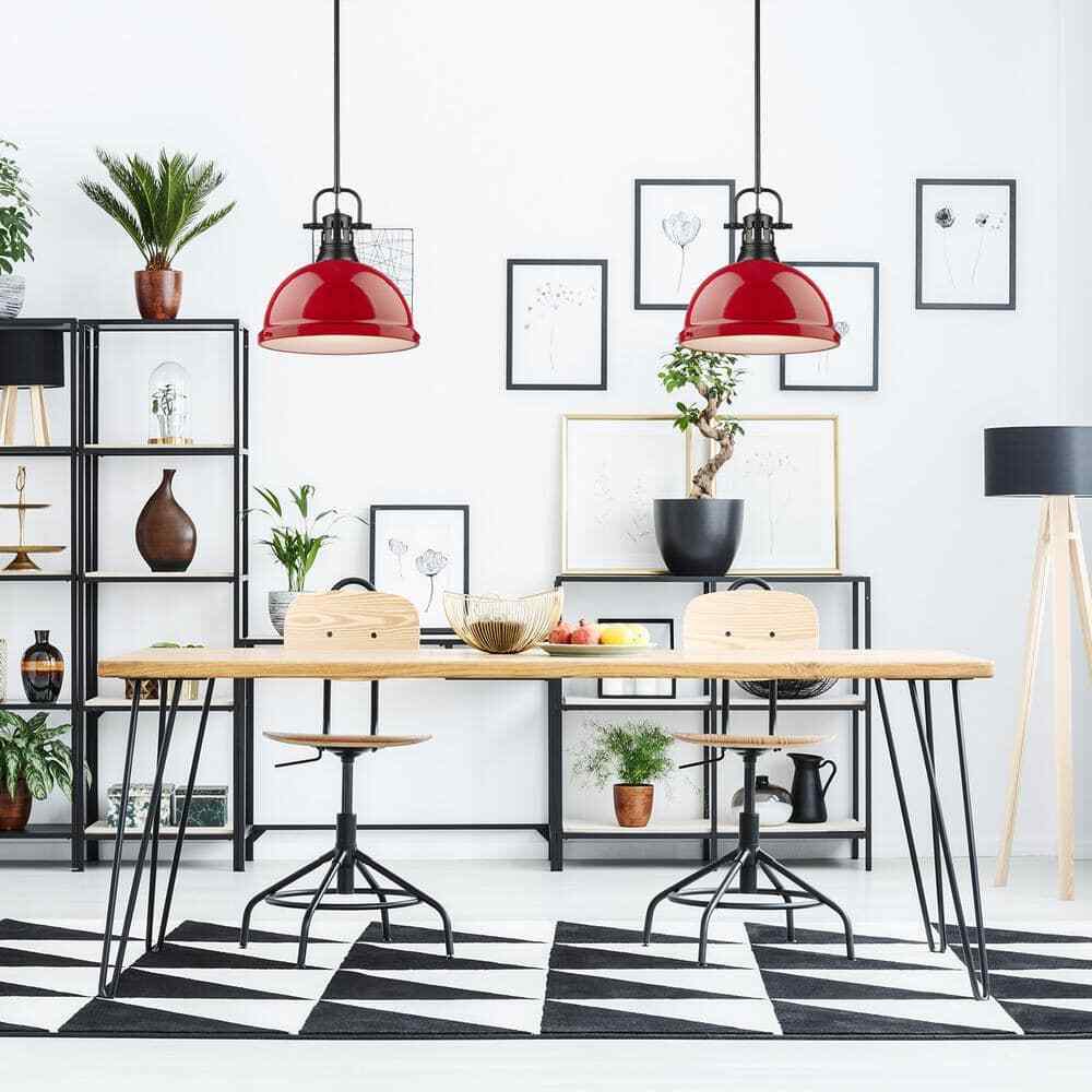 Golden Lighting Duncan 1-Light Black Pendant and Rod with Red Shade