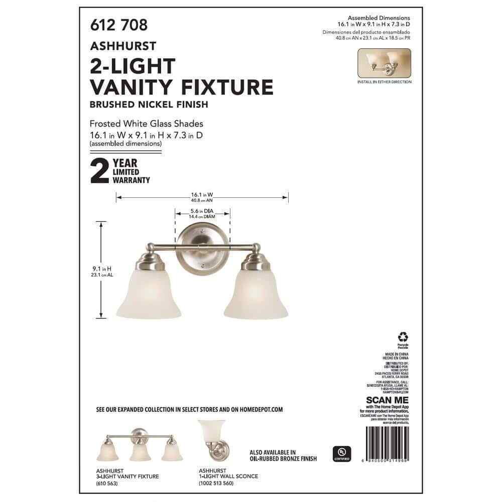 Hampton Bay Ashhurst 2-Light Brushed Nickel Vanity Light w/ Frosted Glass Shades
