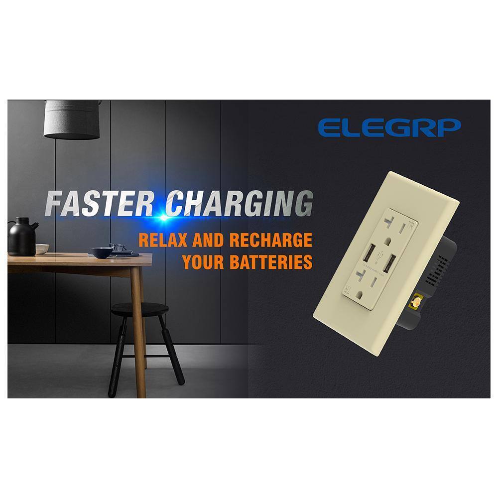 ELEGRP 3.6 Amp USB Dual Type A In-Wall Charger w/ 20 Amp Duplex Ivory 2-Pack