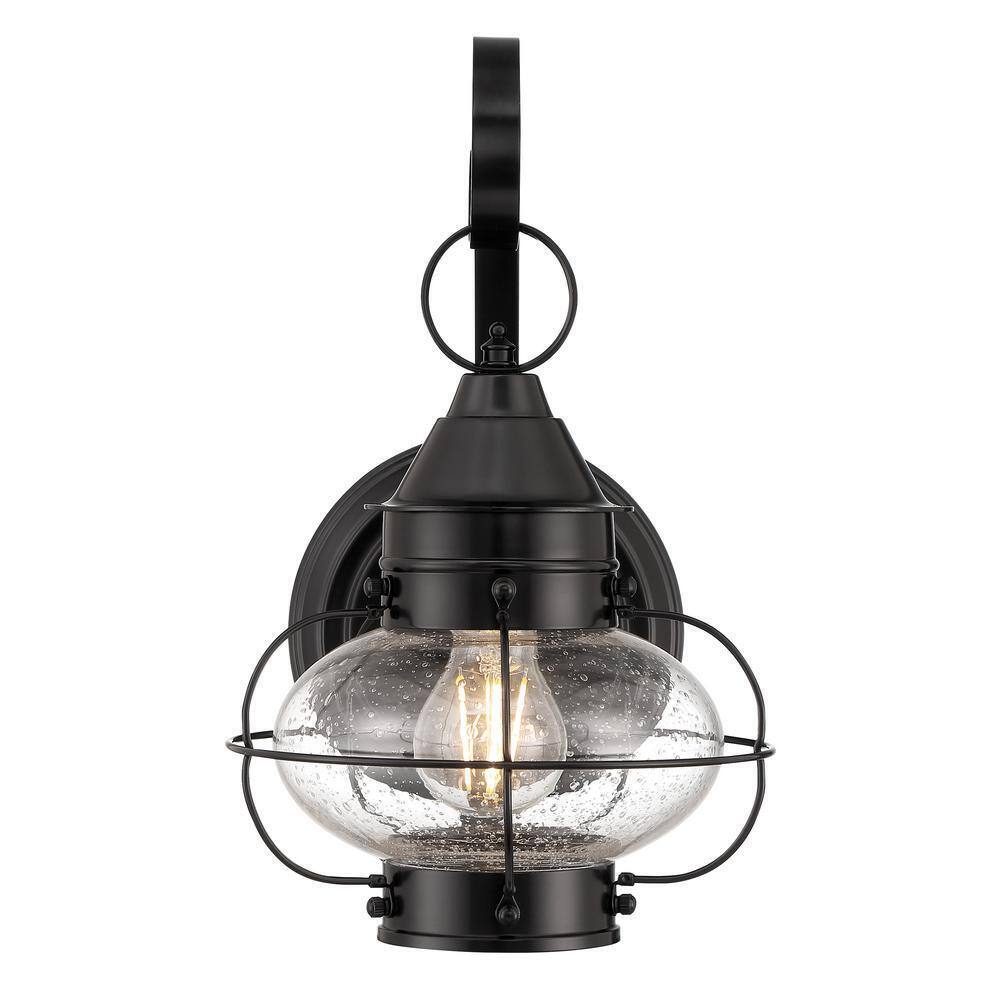 NORWELL Small Cottage Onion 1-Light Black Outdoor Wall Sconce with Seedy Glass