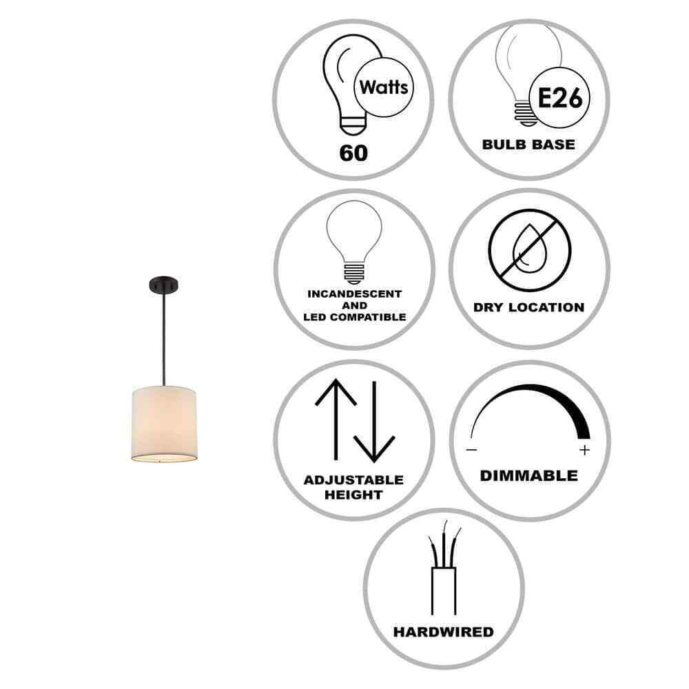 Monteaux Lighting 10 in. 1-Light Black Drum Pendant Light Fixture w/ Linen Shade