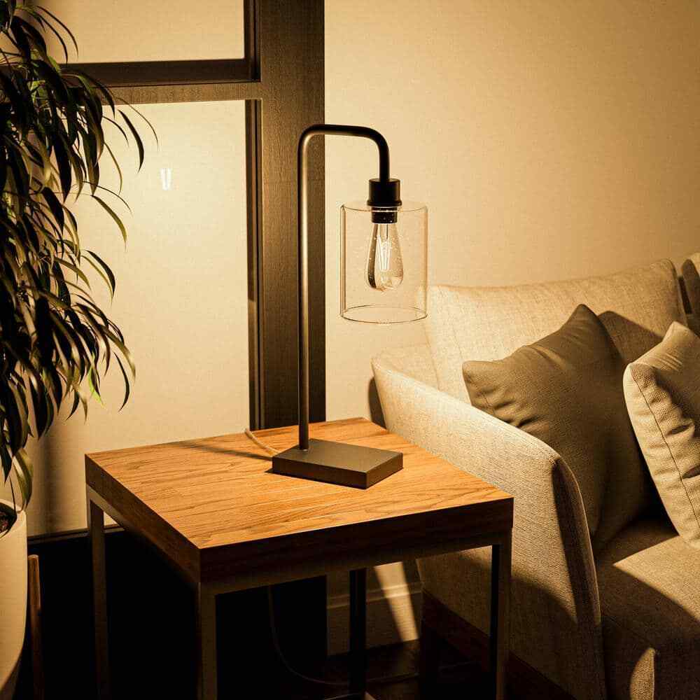 Hampton Bay Andra 22.5 in. Black Desk Lamp with Seeded Glass Shade and USB Port