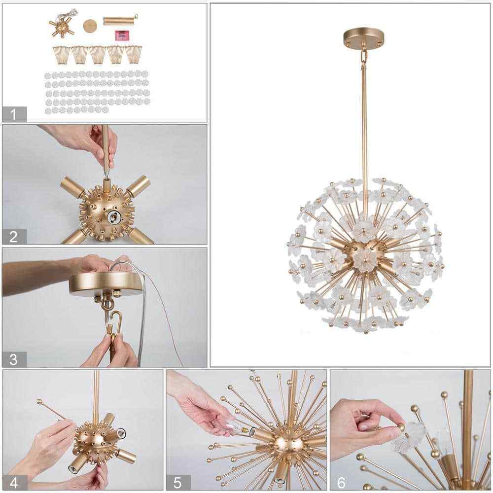 Uolfin Modern Gold Sputnik Chandelier 6-Light Dining Room Island Pendant Fixture