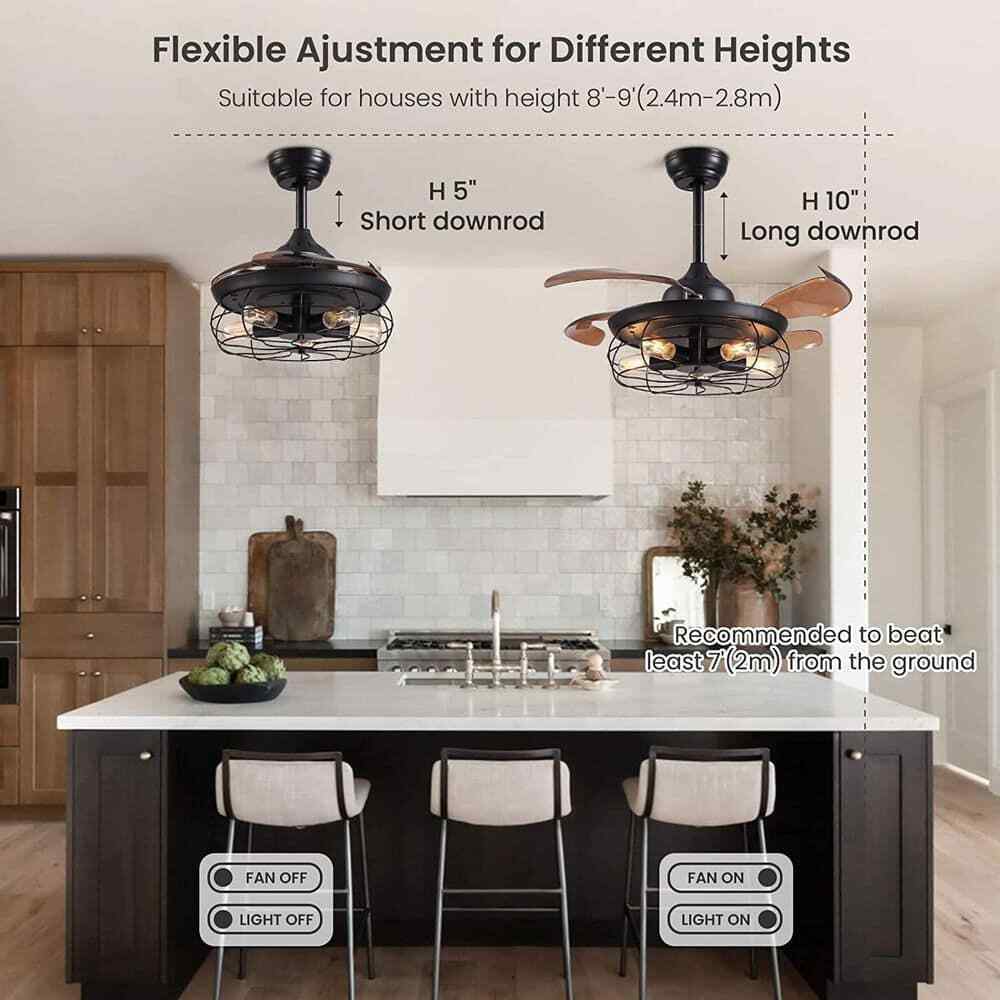 ANTOINE 36 in. Black Ceiling Fan w/ Lights + Remote Retractable Blades Fandelier