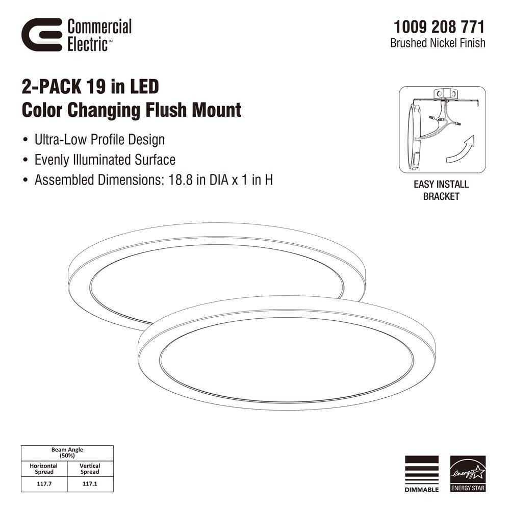 Commercial Electric 19" Ultra-Low Profile LED Flush Mount Brushed Nickel 2-Pack