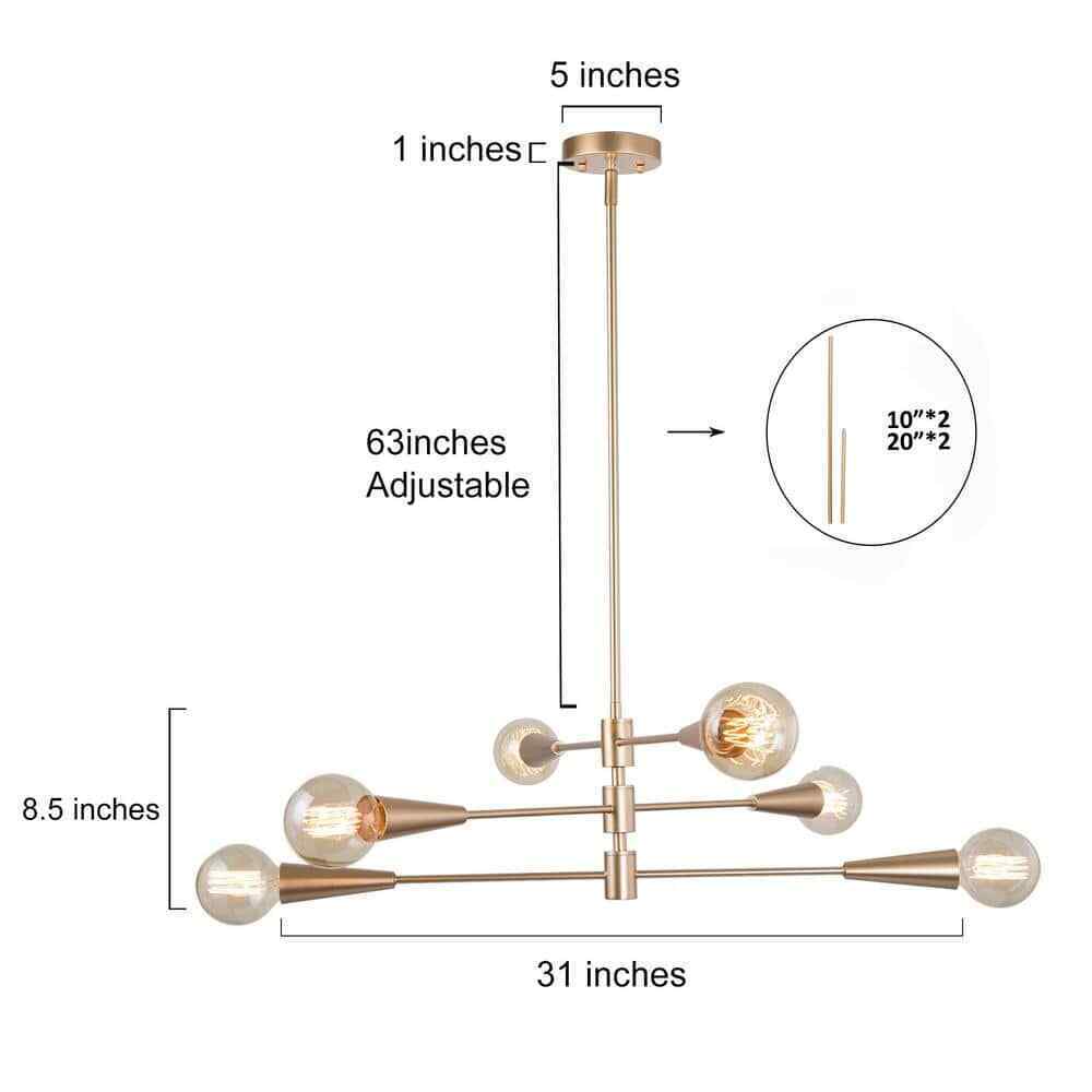 Uolfin Modern Sputnik Dule 6-Light Brass Gold Linear Chandelier