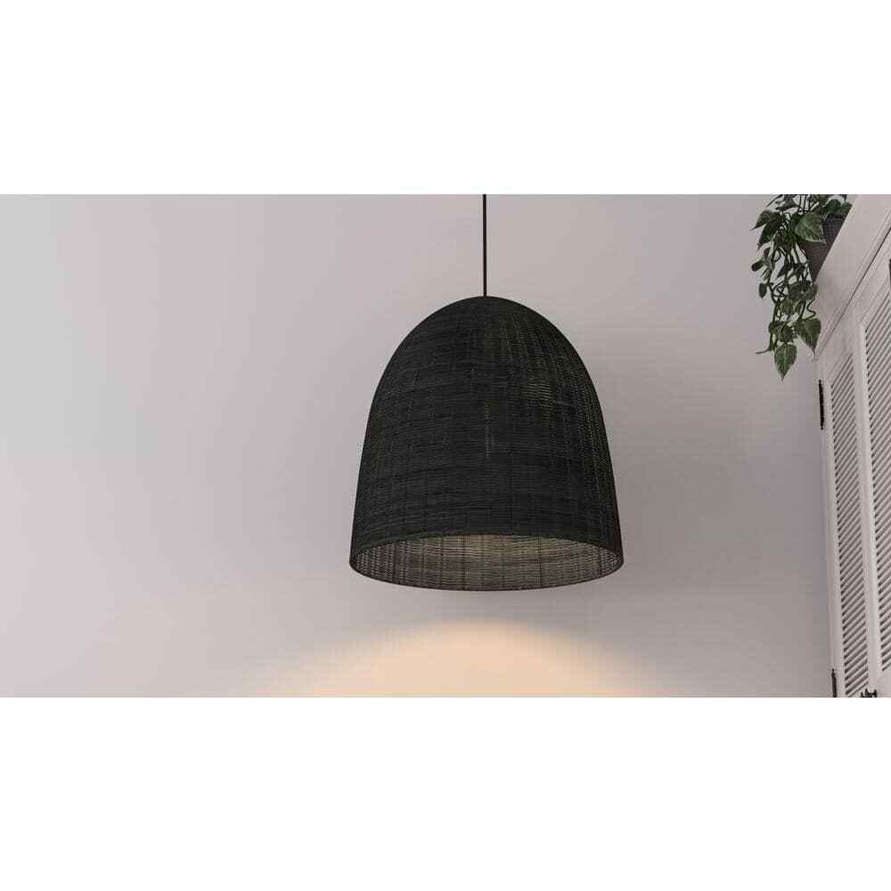 Hampton Bay Highler 1-Light Matte Black Pendant with Matte Black Rattan Shade