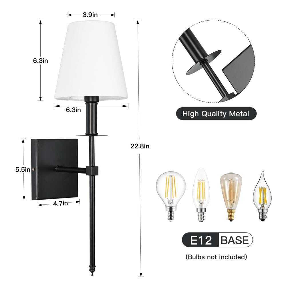 LamQee 1-Light Matte Black Wall Sconce with White Fabric Shade 2-Pack