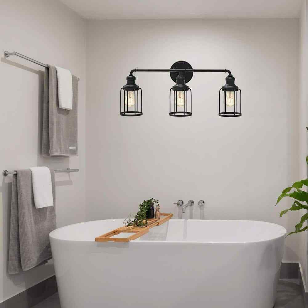 Cedar Hill 24 in. 3-Light Black Industrial Vanity with Metal Cage Wall Sconce