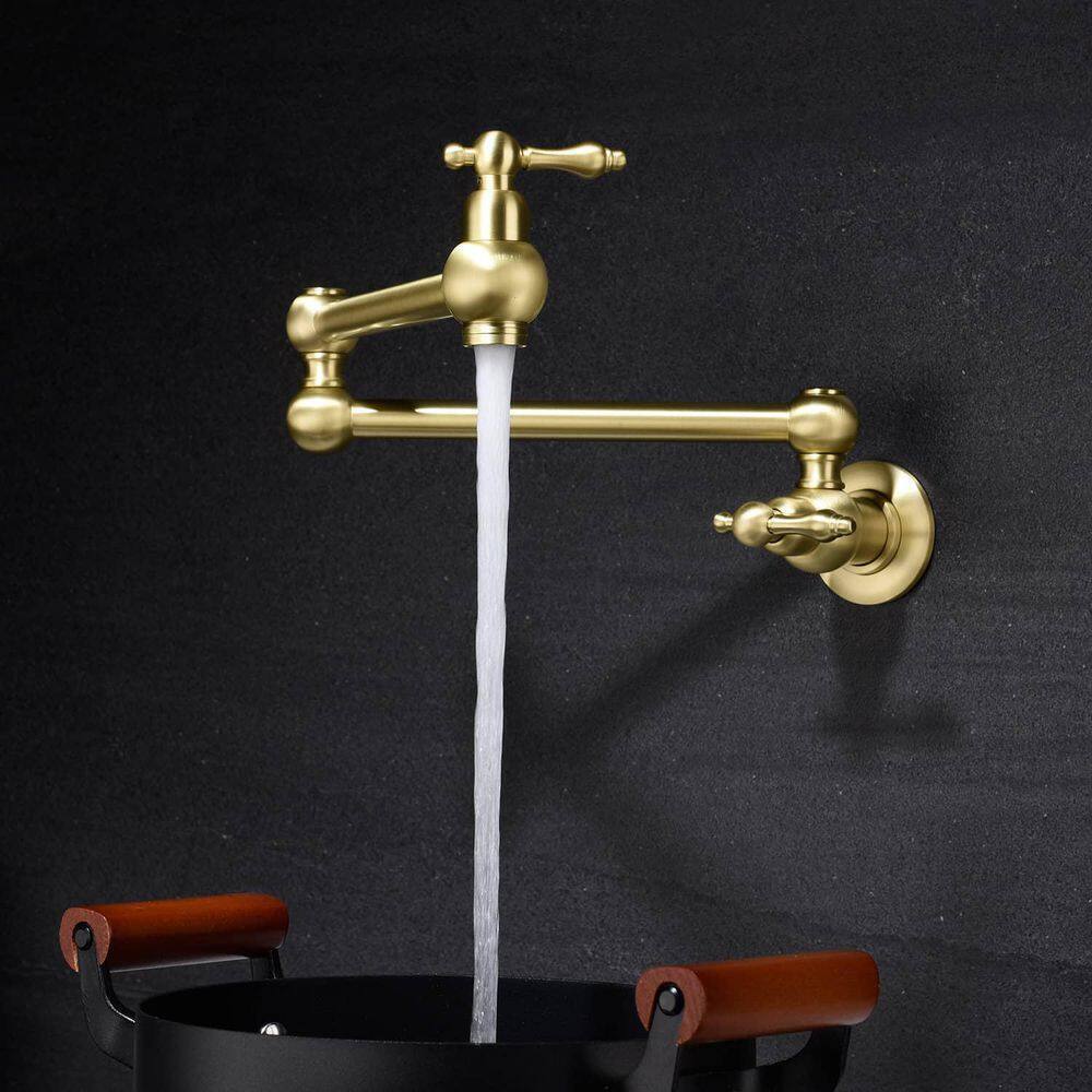 FLG Wall Mounted Pot Filler Double Handle Kitchen Sink Faucet Brushed Gold