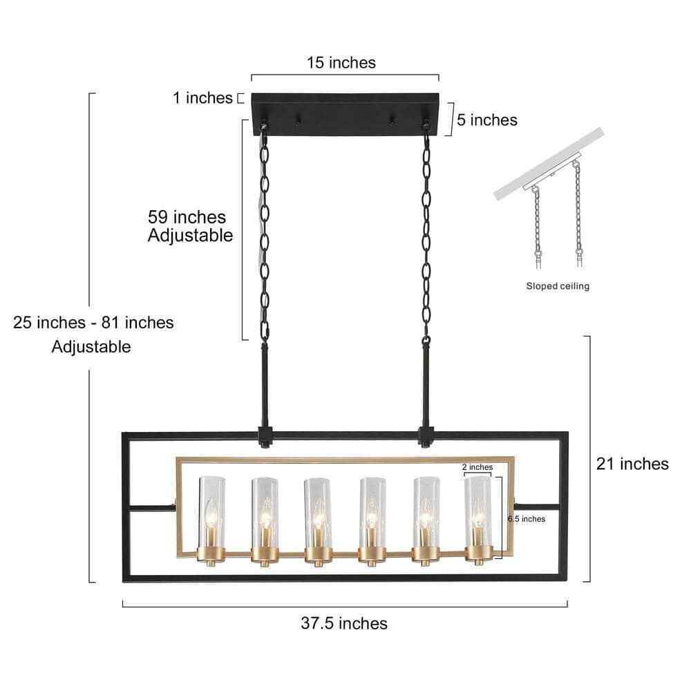 Uolfin Modern Black and Brass Large Linear 37.4" 6-Light Island Chandelier Light