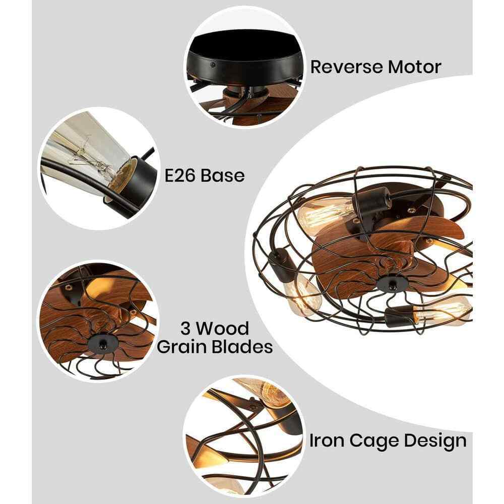 ANTOINE 20 in. 4-Light Indoor Black Wood Grain Industrial Metal Cage Ceiling Fan