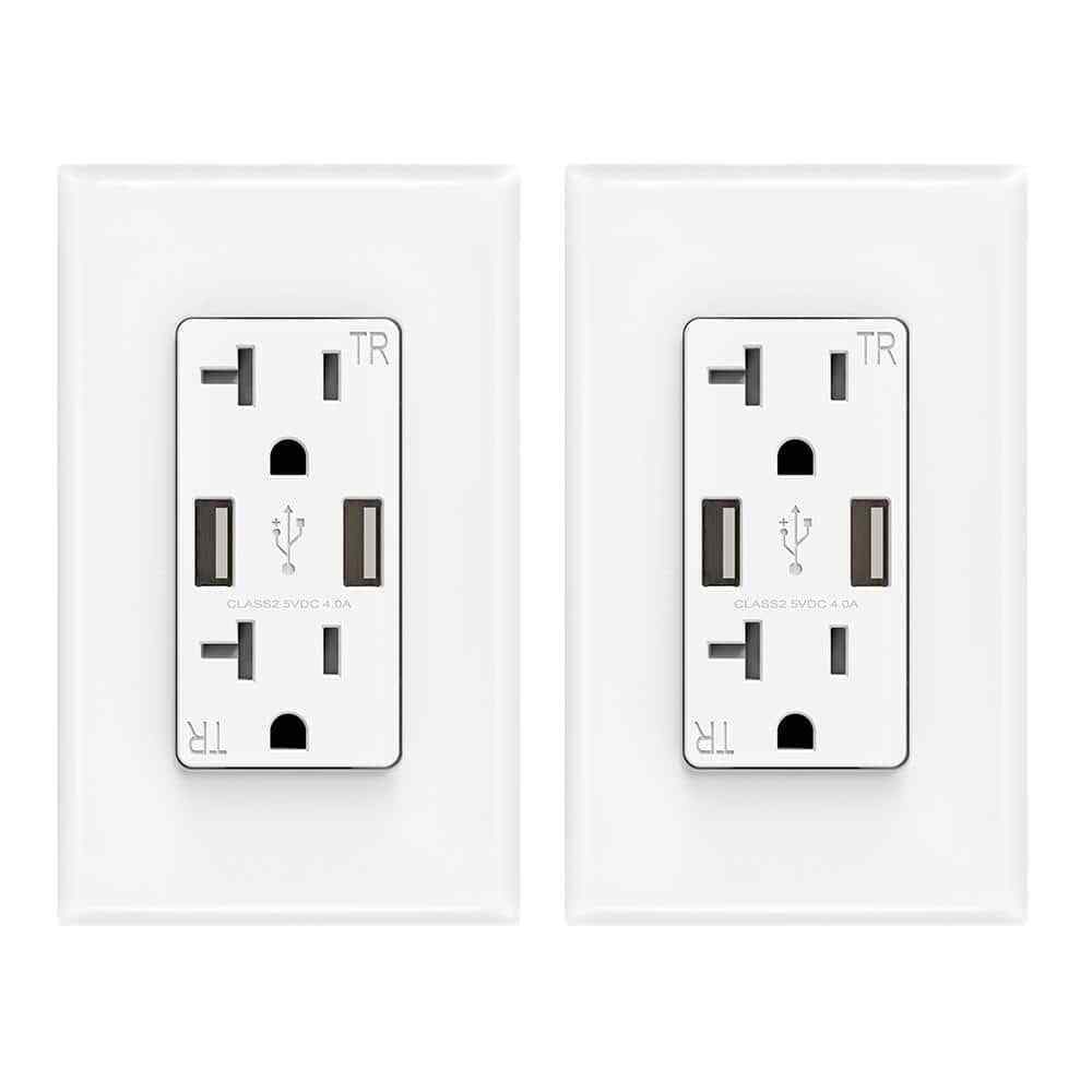 USB Dual Type A In-Wall 20 Amp Duplex Tamper Resistant Outlet White 2-Pack