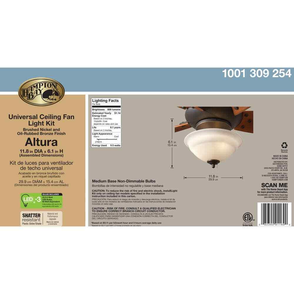 Hampton Bay Altura LED Universal Ceiling Fan Light Kit. ONLY for Altura fans