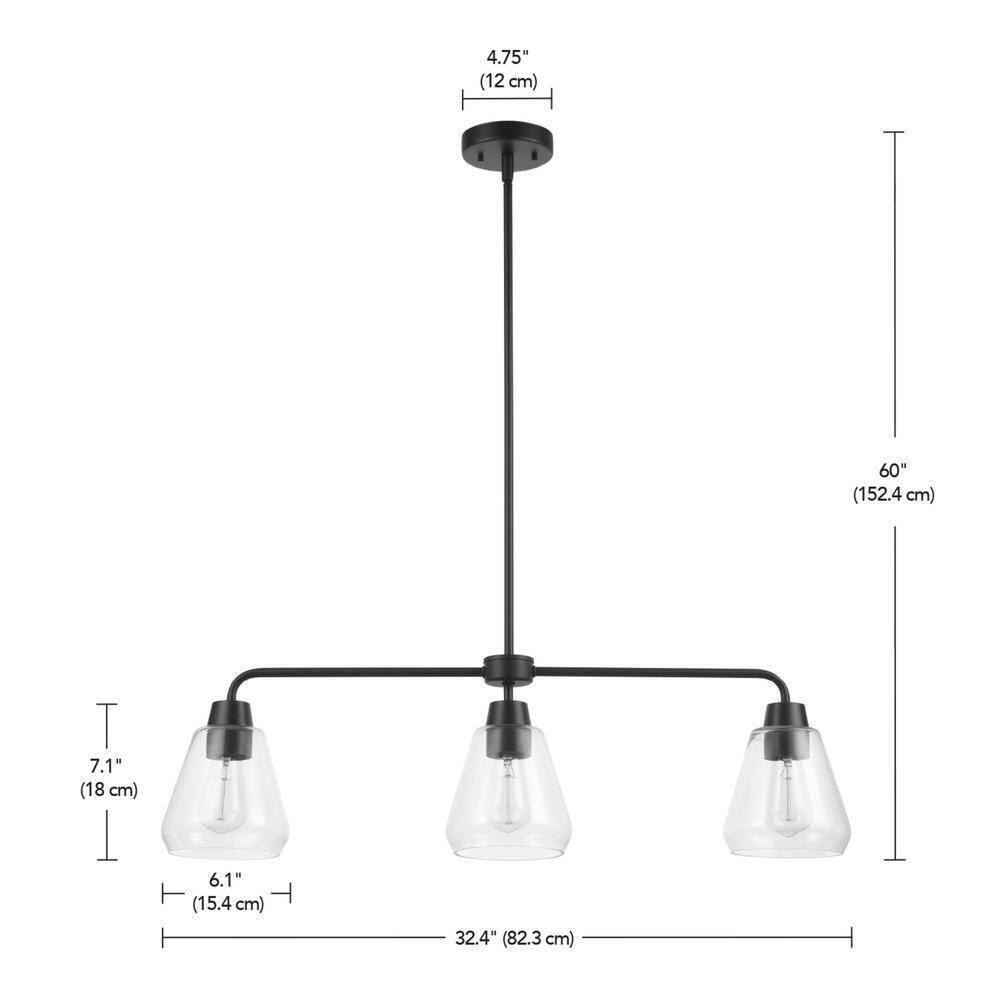 Hampton Bay Granby 3-Light Matte Black Linear Chandelier with Glass Shades