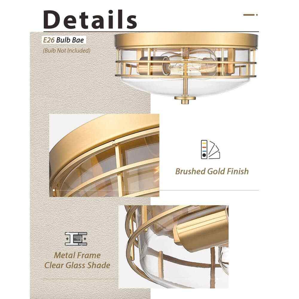 JAZAVA 13 in. 2-Light Brushed Gold Flush Mount w/ Clear Glass Shade